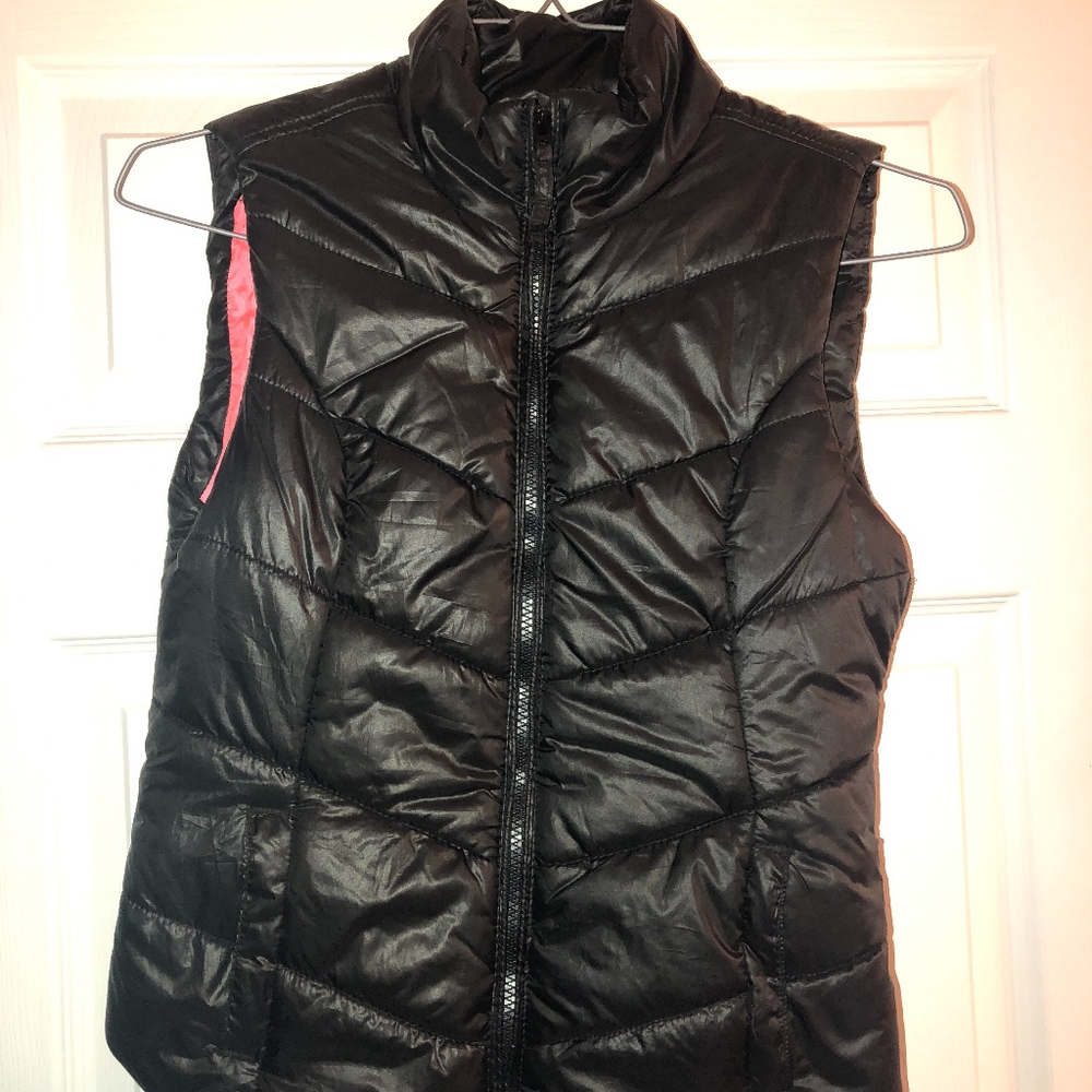 Black Puffy Vest with Pink Inner Lining